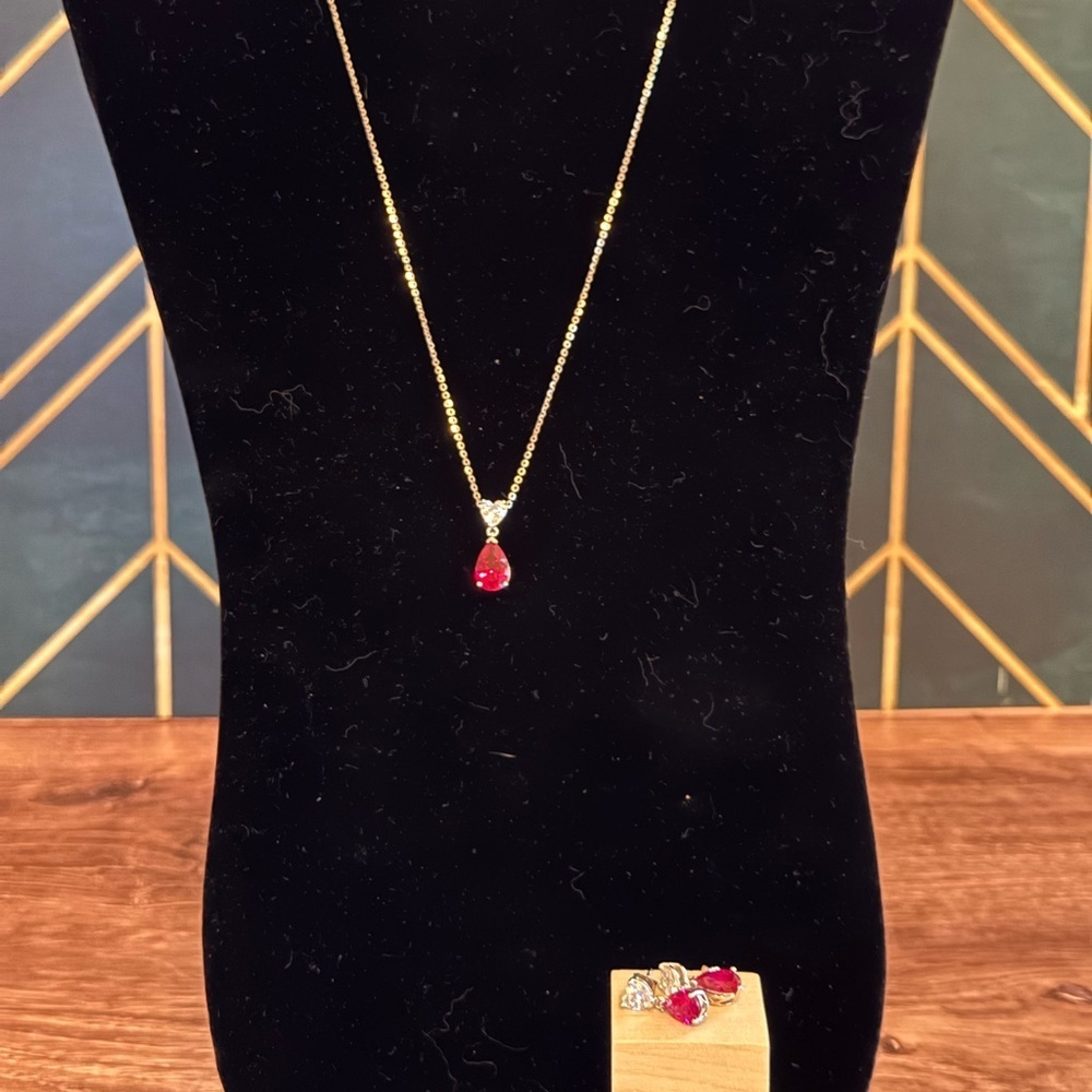 Silver Crystal Heart & Simulated Ruby Necklace & Earrings Set